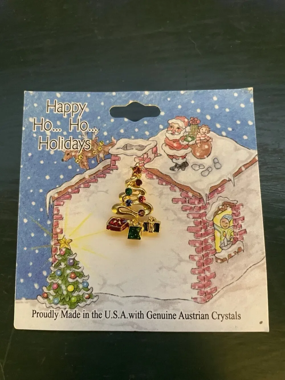 Austrian Crystal Christmas Tree Lapel Pin Small Made In The USA Colorful Jewelry